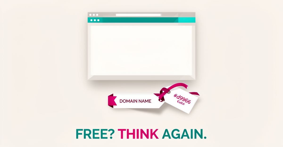 Flat illustration of a website browser window with a price-tagged domain name, accented in teal and magenta, with the headline Free? Think Again.
