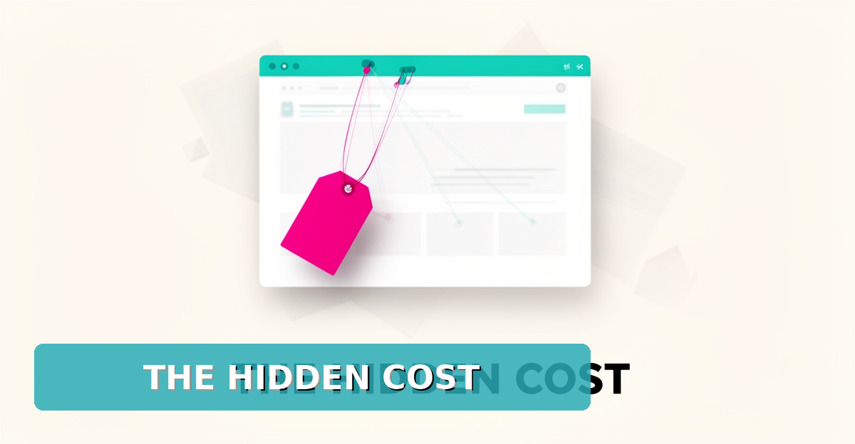 Flat illustration of a website browser window with puppet strings and a price tag, symbolizing hidden costs of free website builders.