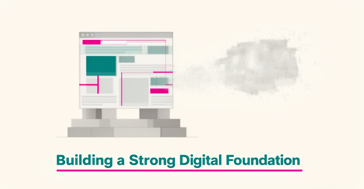 Flat illustration of a solid geometric website wireframe standing firm, with teal and magenta accents, symbolizing stable non-AI website builders.