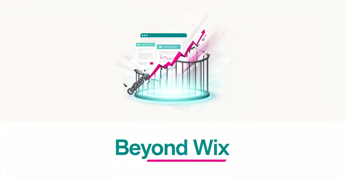 Flat illustration of a website breaking free from a locked cage into an open AI platform, with 'Beyond Wix' headline.