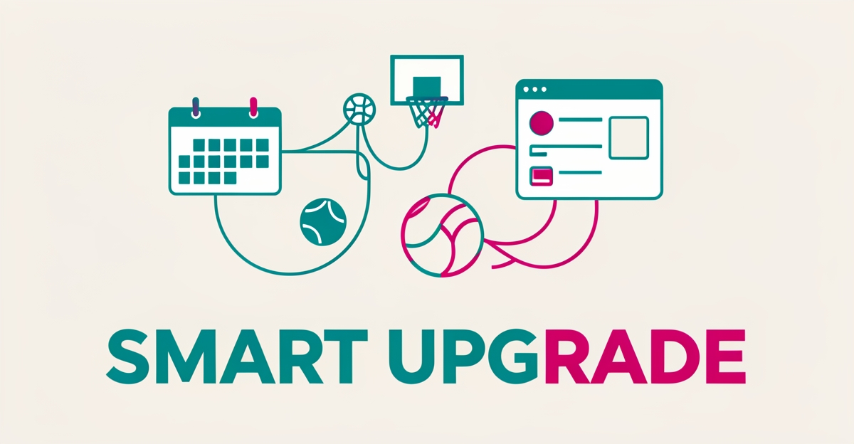 Flat illustration of a smart sports facility website unifying booking, CRM, and automation tools in teal and magenta brand colors.