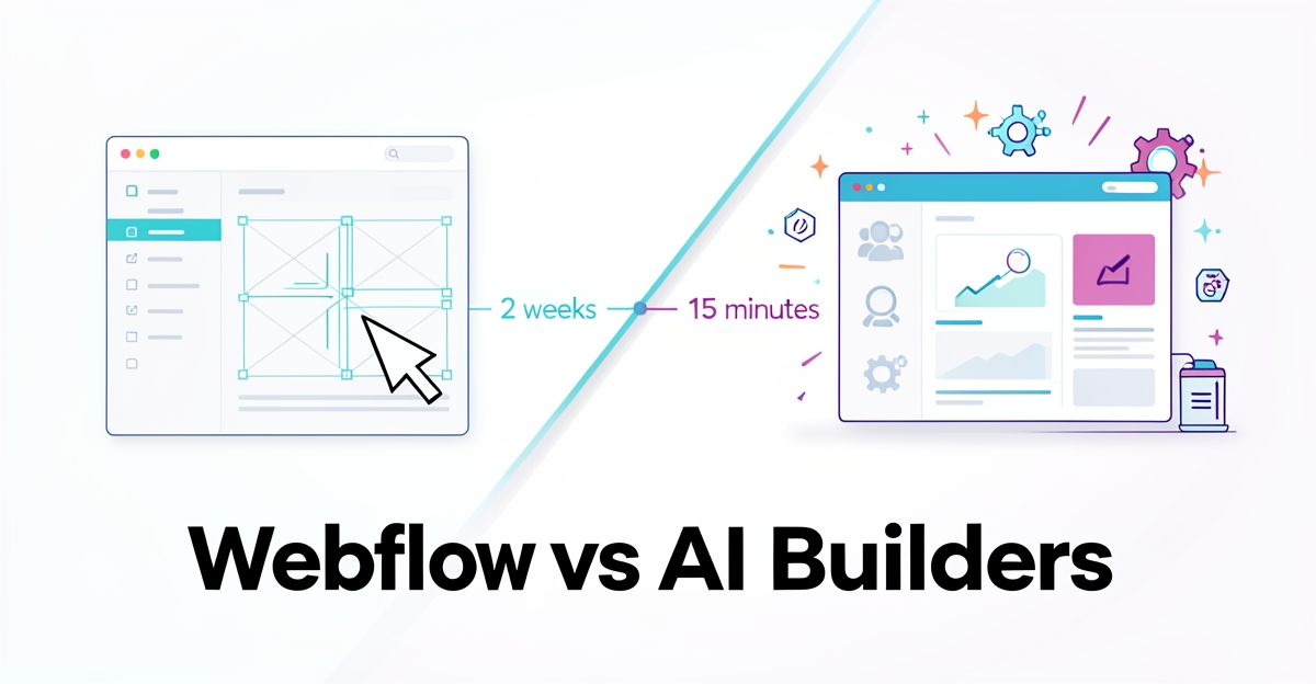 A minimalist split illustration comparing Webflow's detailed design process on the left with an AI website builder's rapid automation on the right, connected by a timeline showing 2 weeks vs 15 minutes, using brand colors #2aabb6 and #d946ef as subtle accents.