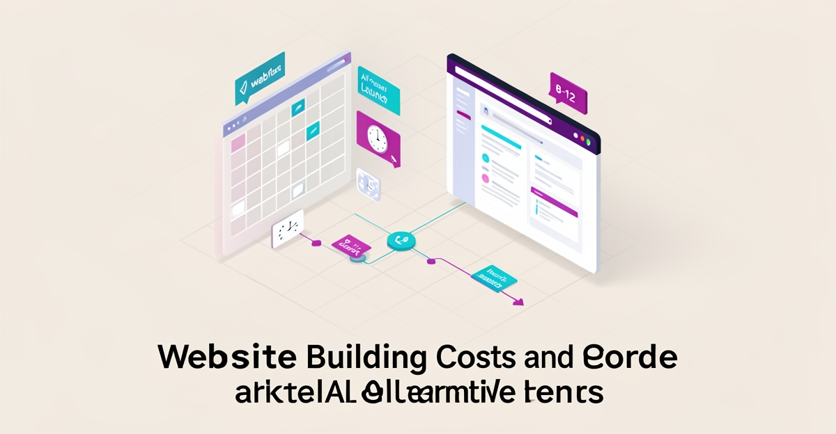 Flat illustration comparing Webflow build costs and timelines to AI done-for-you website platforms for small business.