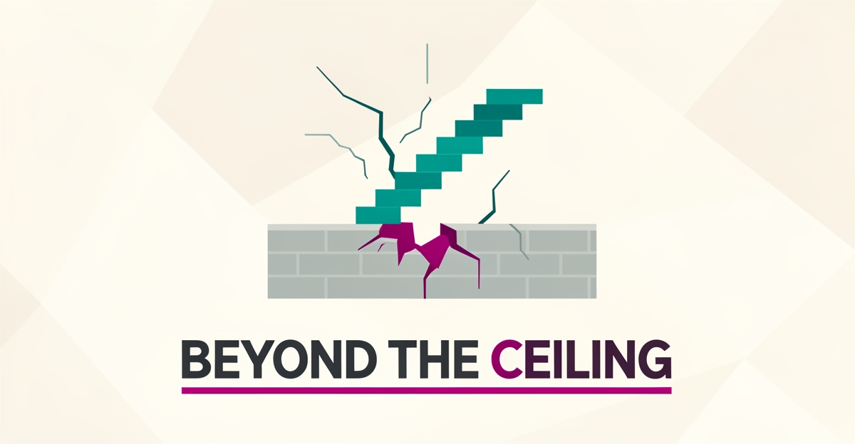 Flat illustration of a growth staircase rising past a cracking barrier in teal and magenta, symbolizing Webflow's scalability beyond AI builder limits.