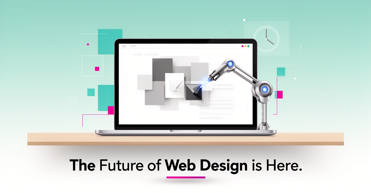 Flat illustration of a laptop showing an AI-assembled website wireframe with teal and magenta accents and the headline AI Built. Still Work.