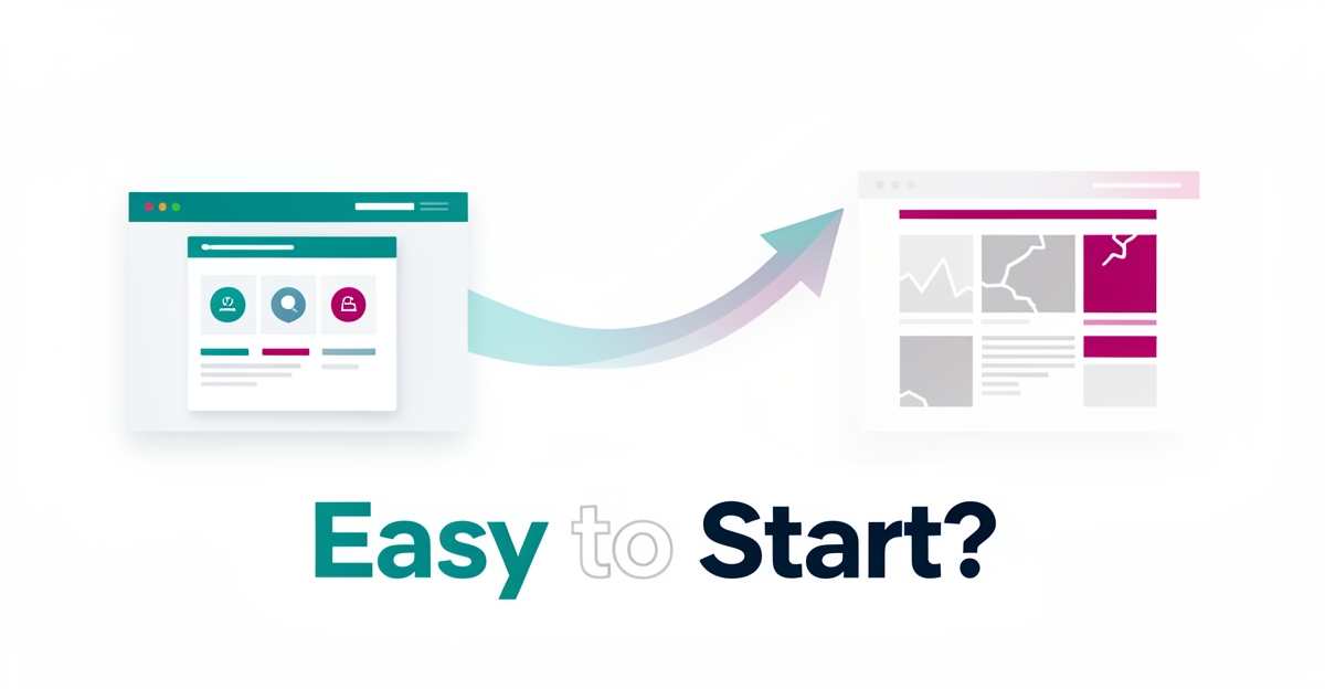 Flat illustration of a website builder path leading to an abandoned site, with headline Easy to Start? in teal and magenta accents.