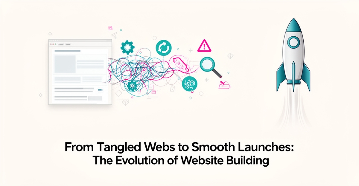 Flat illustration of a simple webpage becoming tangled with maintenance icons beside a streamlined AI-built site launching upward, in teal and magenta accents.