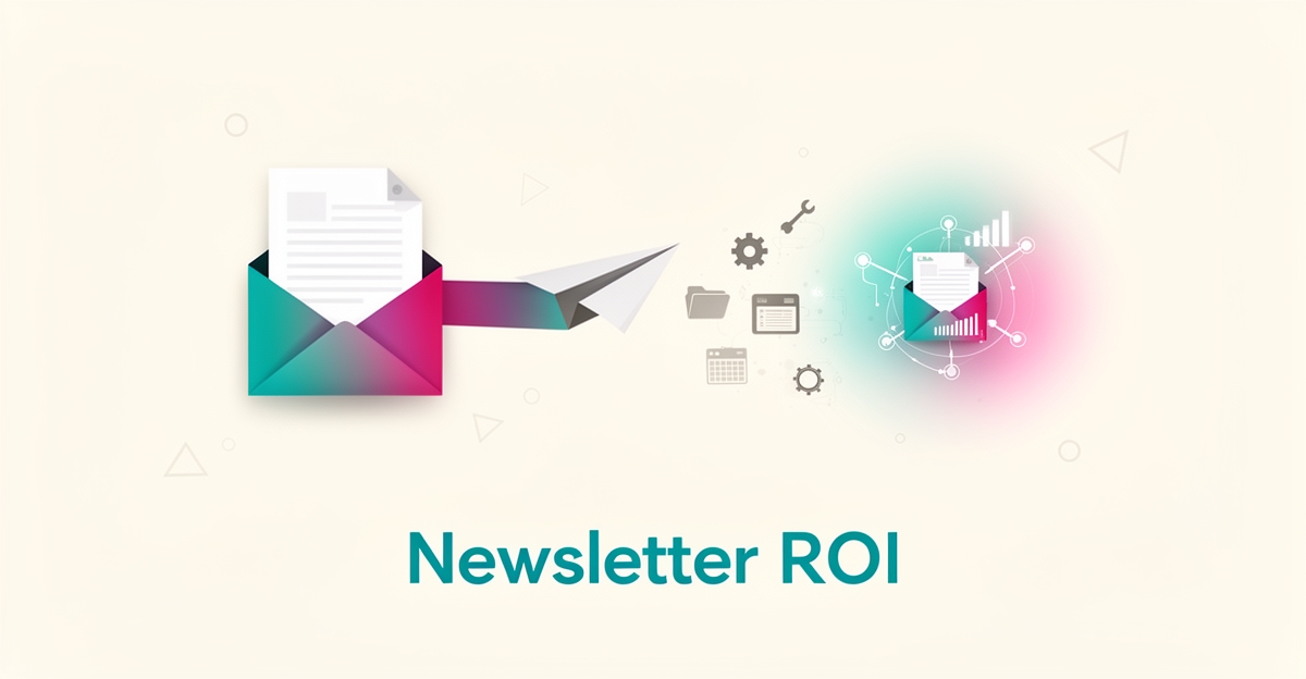 Flat illustration of an email newsletter connecting fragmented tools into one unified automated platform with teal and magenta accents.