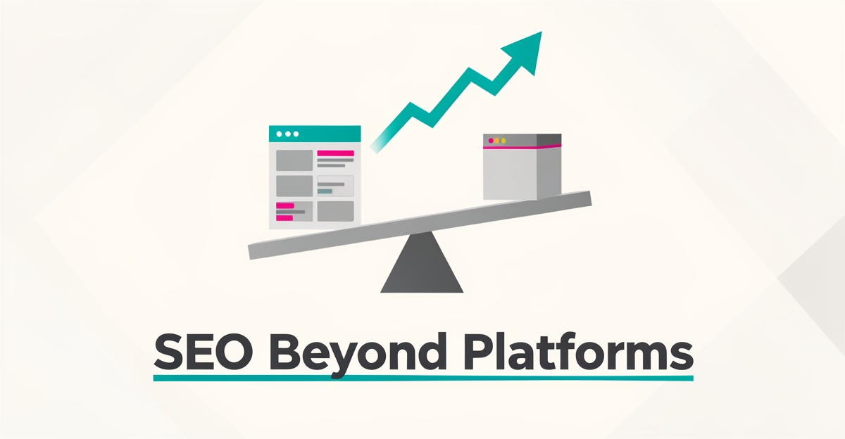 Flat illustration of two website platform icons balanced on a scale beneath a rising analytics arrow, symbolizing that ongoing SEO optimization matters more than platform choice.
