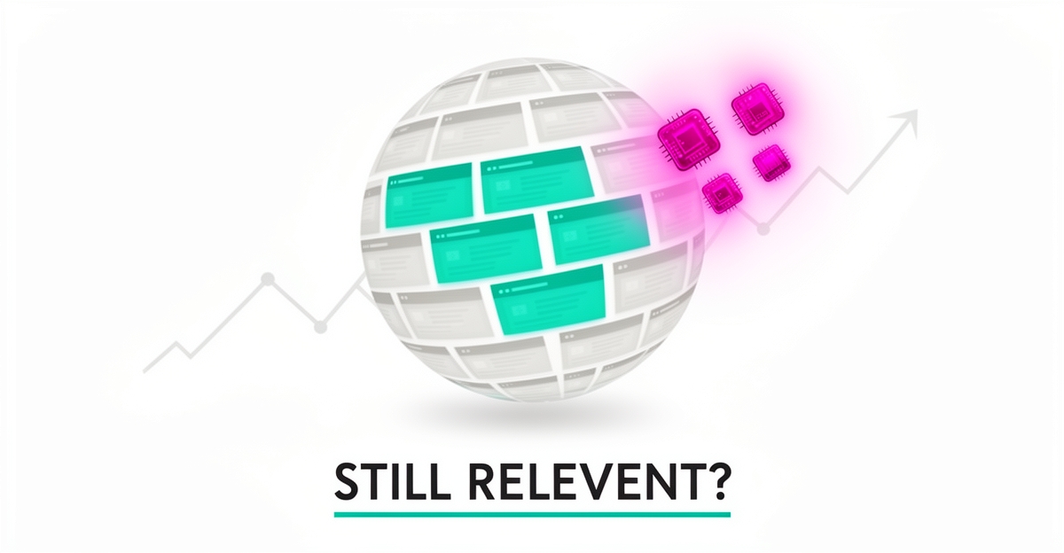 Flat illustration of a globe built from website blocks, 43% highlighted in teal with AI chips drifting away, asking if WordPress is still relevant.