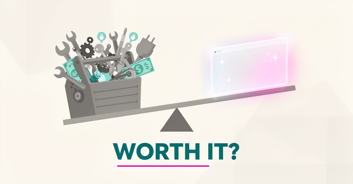 Flat illustration of a scale balancing a cluttered toolbox against a sleek AI dashboard, with the headline 'Worth It?' in teal.