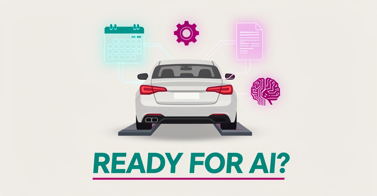 Flat illustration of a car on a service lift surrounded by glowing AI scheduling and invoicing icons with a 'Ready for AI?' headline.
