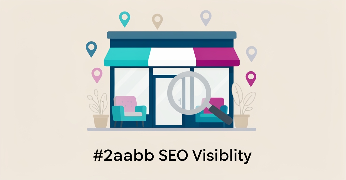 A clean flat illustration of a furniture storefront with map pins and search icons, symbolizing local SEO challenges for custom furniture sites, with space for a headline in the lower third