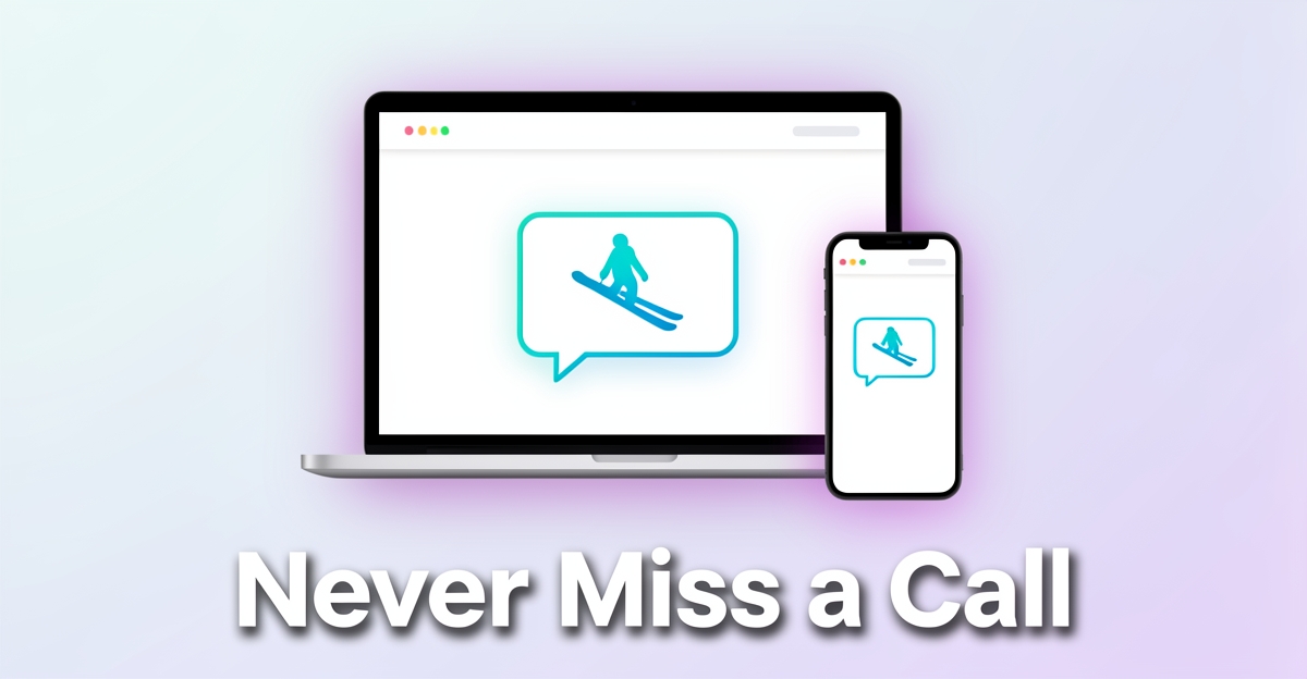 A minimalist flat illustration of AI-powered website assistants on laptop and phone, with winter sports icons and brand-colored accents, featuring the headline 'Never Miss a Call' in the lower third.