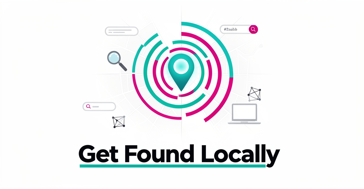 Flat illustration of a map with a glowing location pin and search signals in teal and magenta, symbolizing local SEO visibility for IT support businesses.