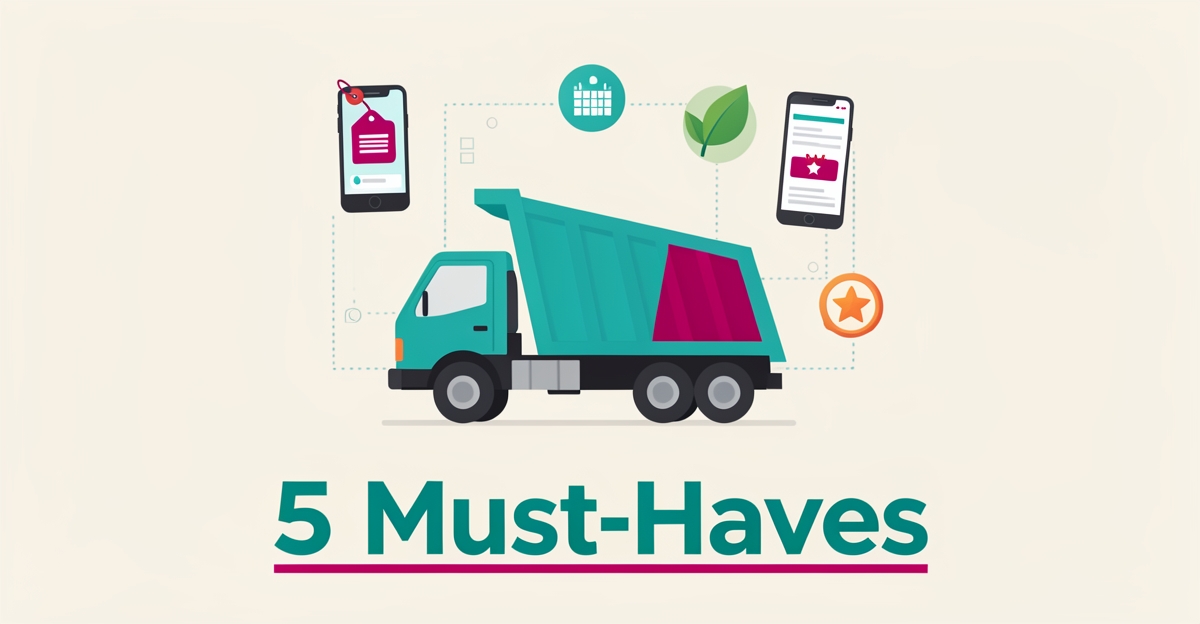 Flat illustration of a junk removal truck with floating website feature icons like pricing, mobile booking, and eco badges in teal and magenta.