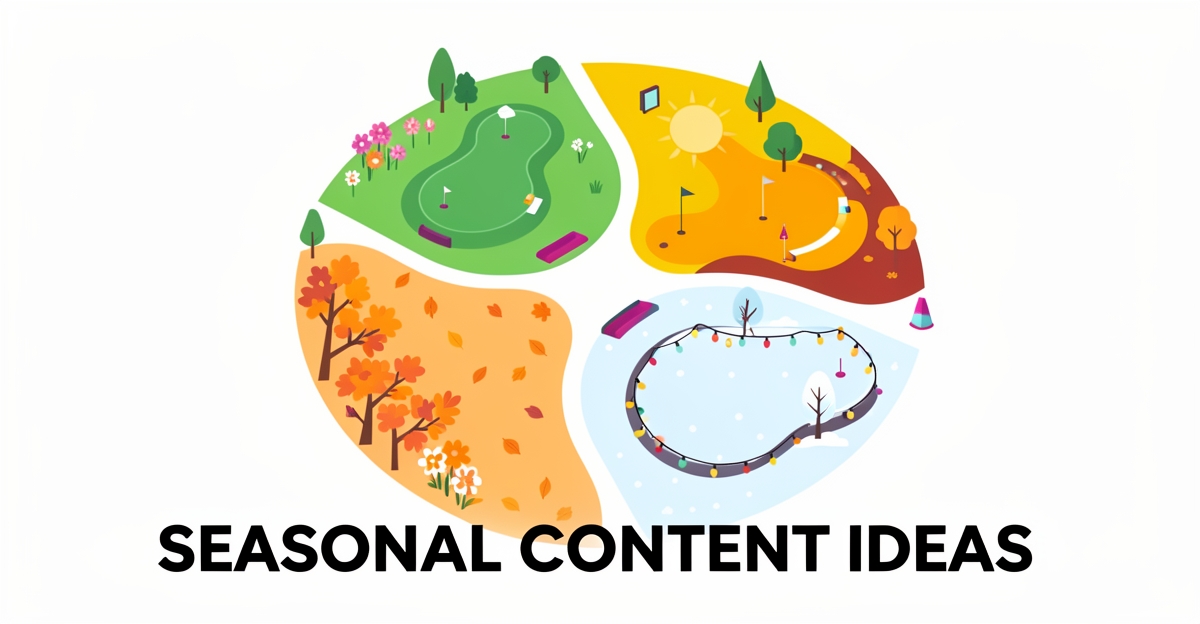 A clean flat illustration of a mini golf course divided into four seasonal quadrants with brand color accents, displaying the headline 'Seasonal Content Ideas' in the lower third