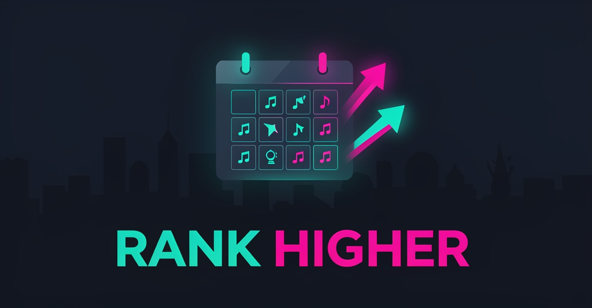 Flat illustration of a glowing nightclub event calendar with ranking arrows in teal and magenta, symbolizing AI-powered SEO for local event visibility.