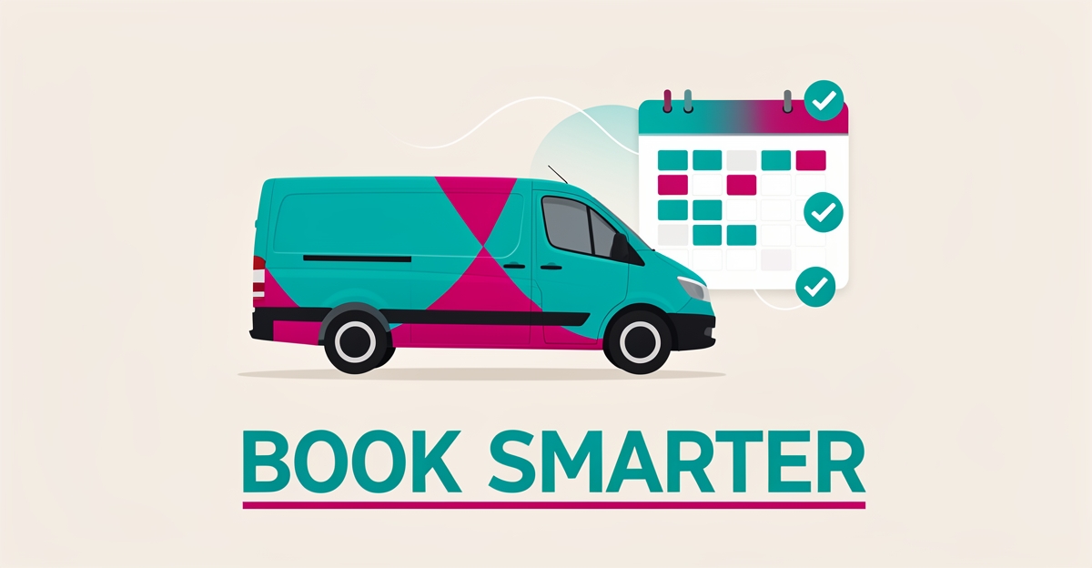 Flat illustration of a wrapped van beside a calendar scheduling interface with teal and magenta accents, symbolizing efficient vehicle wrap booking.