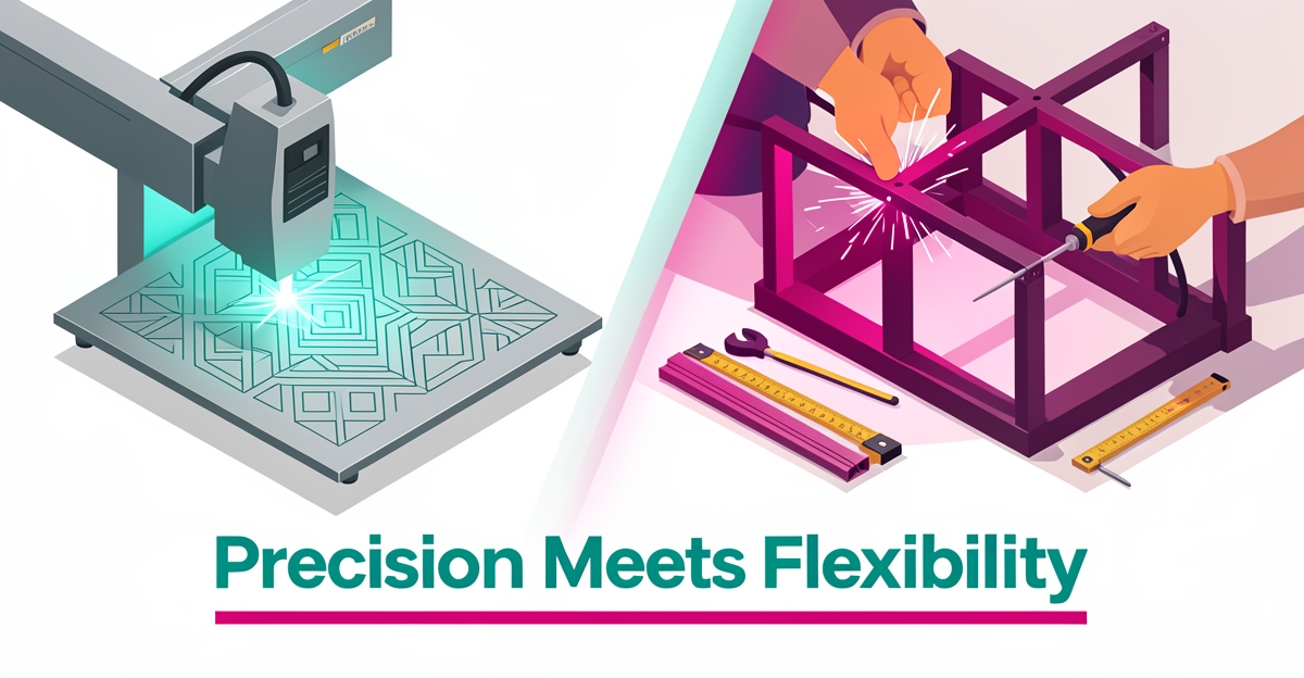 Split illustration contrasting laser cutting precision with teal beam and on-site fabrication with magenta sparks, headline Precision Meets Flexibility below.