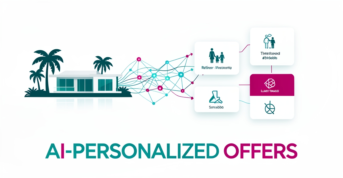 Flat illustration of AI data streams connecting a resort villa to segmented personalized offer cards in teal and magenta.