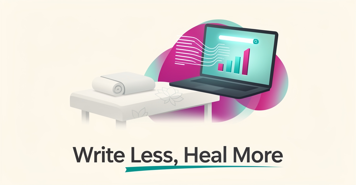 Flat illustration of a massage table beside a laptop generating SEO-optimized service descriptions, accented in teal and magenta.