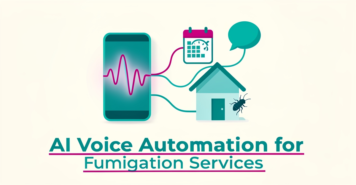 Flat illustration of a smartphone with soundwaves linking a house, calendar, and speech bubble icons, symbolizing 24/7 AI voice automation for fumigation inquiries.
