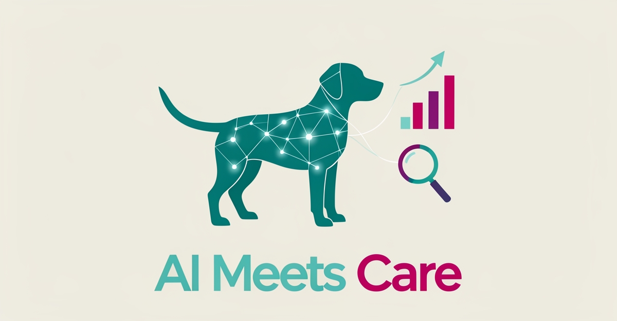 Flat illustration of a dog silhouette with AI data network lines and SEO charts in teal and magenta, headlined 'AI Meets Care'.