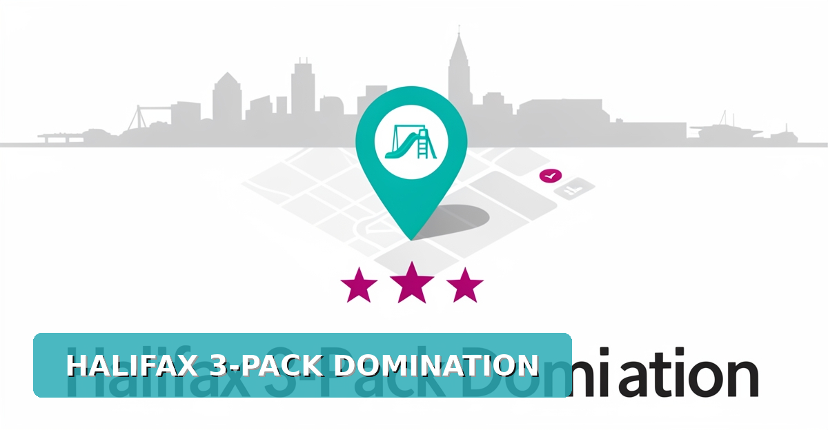 Flat illustration of a map pin with playground icons and stars representing local SEO for Halifax playground installers.