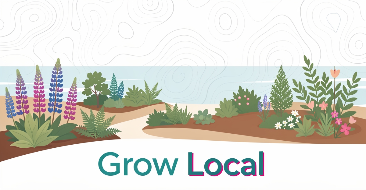 Flat illustration of a Nova Scotia coastal garden with native plants, map contours, and a location pin in teal and magenta, headlined Grow Local.