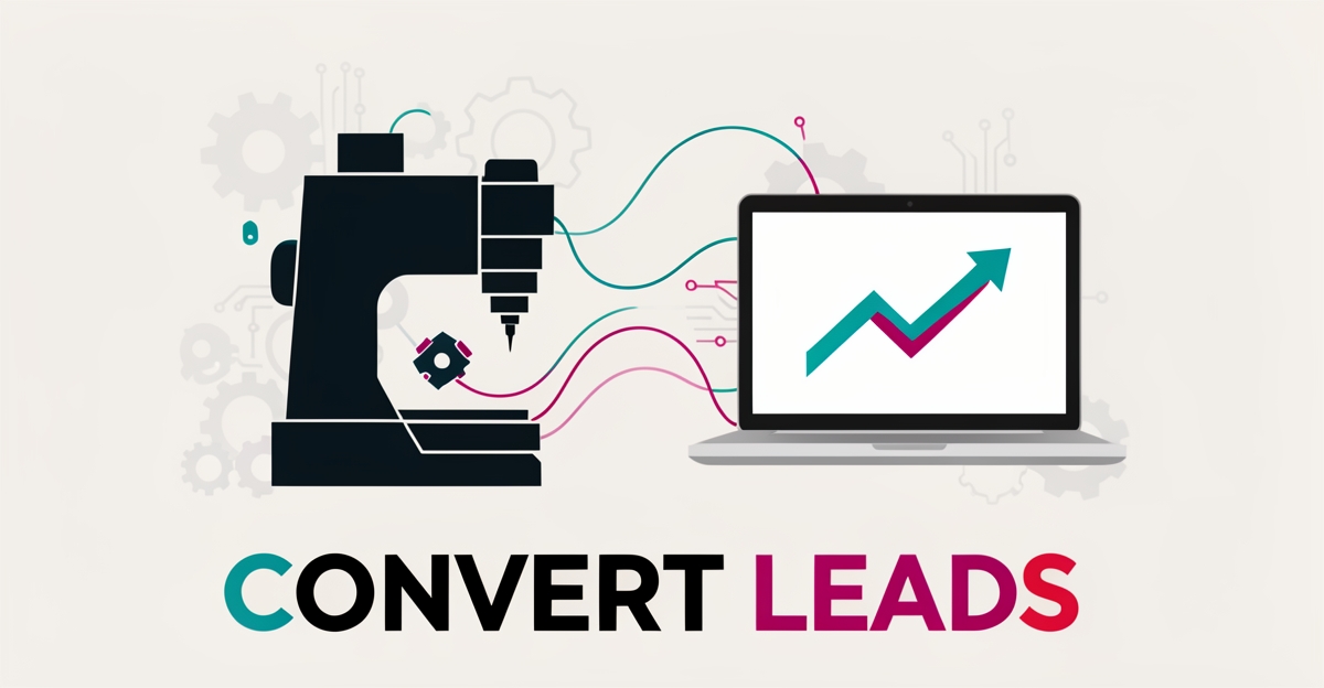 Flat illustration of a CNC machine linked to a laptop showing a rising conversion graph with teal and magenta accents, headlined Convert Leads.