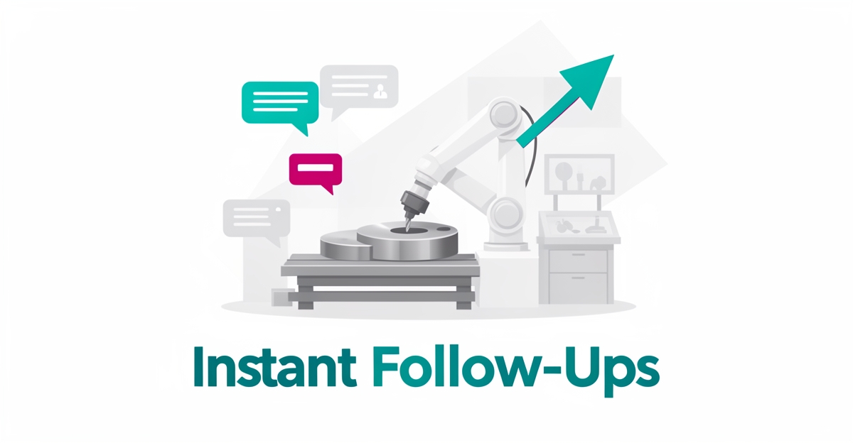 Flat illustration of a CNC machining arm with automated notification icons and a rising arrow, headline reading Instant Follow-Ups.