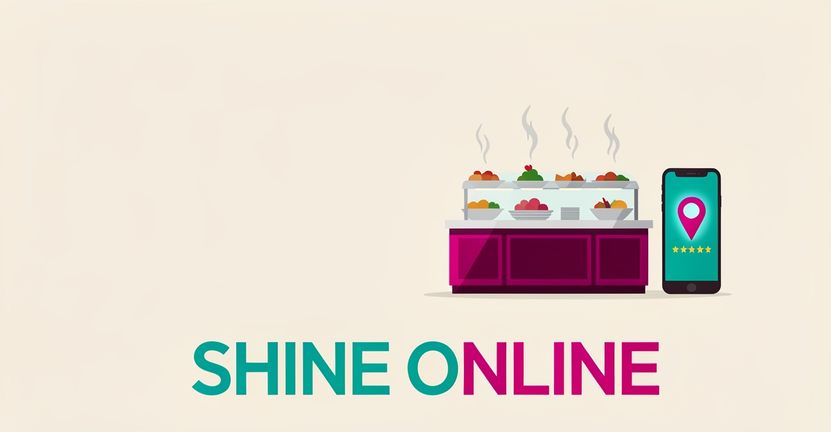 Flat illustration of a buffet counter with a laptop and phone displaying a map pin and star rating, accented in teal and magenta.