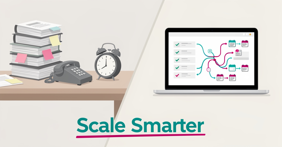 Flat illustration contrasting a cluttered manual paperwork desk with a streamlined AI automation dashboard, headlined Scale Smarter.
