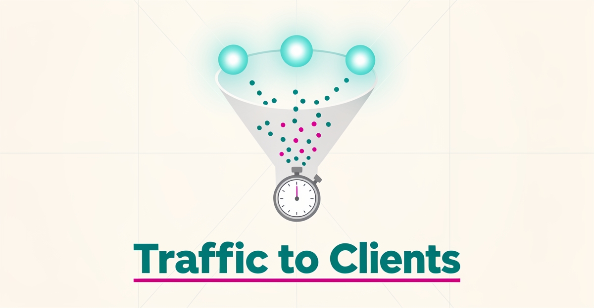 Flat illustration of a funnel converting organic traffic dots into client conversions with a stopwatch, accented in teal and magenta.