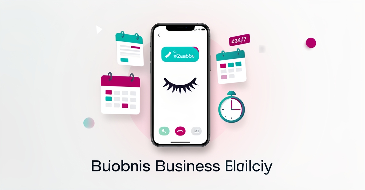 Flat illustration of a smartphone with a call notification, lash icon, and booking calendar in teal and magenta accents.