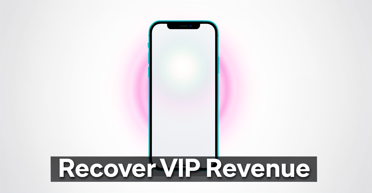 A minimalist smartphone illustration showing an incoming call with brand-colored accents, accompanied by the headline 'Recover VIP Revenue' in the lower third, symbolizing automated SMS recovery for missed VIP casino calls.