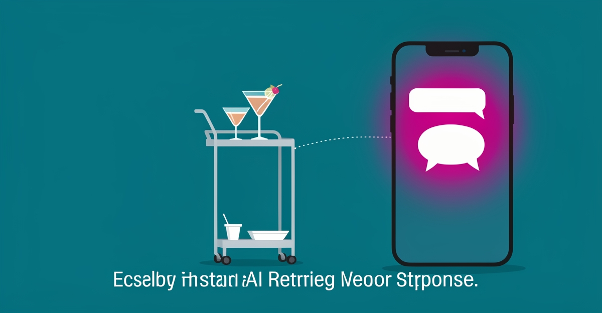 Flat illustration of a mobile bar cart beside a glowing smartphone chat bubble, symbolizing AI-powered real-time inquiry response.