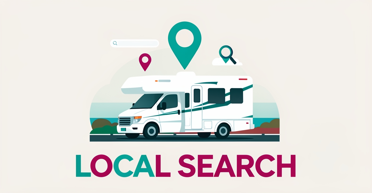 Flat illustration of an RV with map pins and search icons symbolizing local search visibility for mobile RV repair in Halifax.