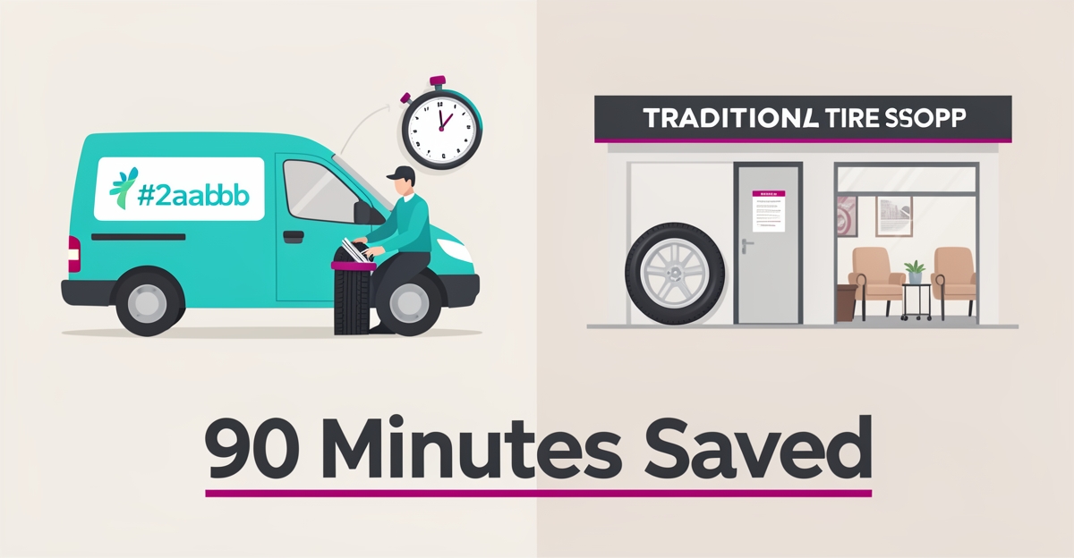 Flat illustration comparing mobile tire service van and traditional tire shop, highlighting 90 minutes saved with clock accents in teal and magenta.