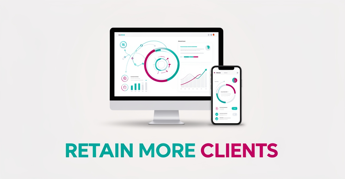 Flat illustration of a monitor and smartphone with connected dashboard interfaces in teal and magenta, symbolizing long-term MSP client retention.
