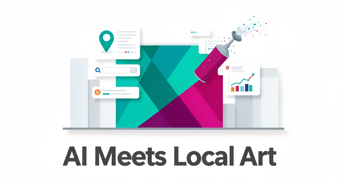 Flat illustration of a city mural being created with AI digital elements, representing local SEO and automated content for mural painting businesses.