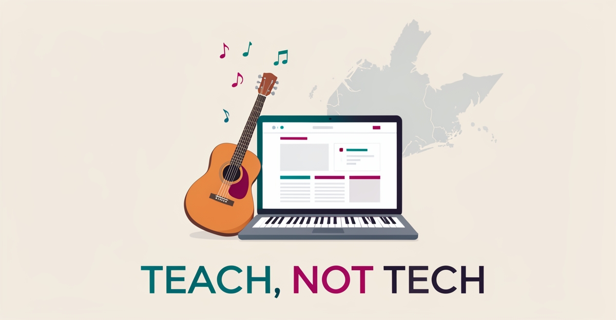 Flat illustration of a guitar and piano beside a laptop showing a website wireframe with Nova Scotia outline in teal and magenta accents.