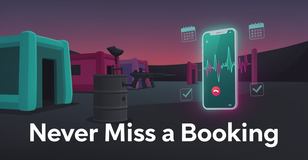 Flat illustration of a paintball field with a smartphone and AI call icons symbolizing automated booking, accented in teal and magenta.