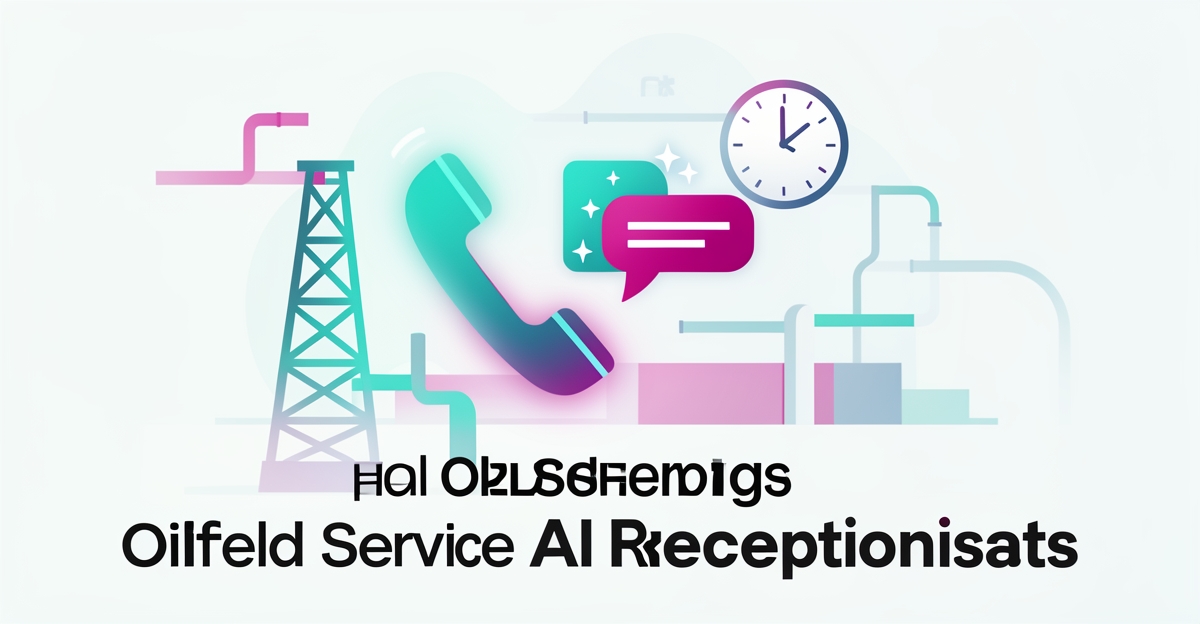 Flat illustration of oilfield equipment with AI phone and clock showing 24/7 automated reception for oilfield service companies.