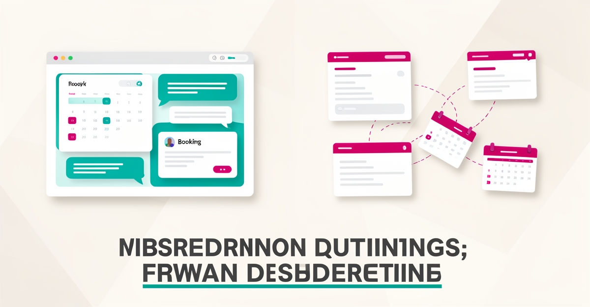 Flat illustration comparing a unified client portal dashboard against scattered separate scheduling apps, with teal and magenta brand accents.