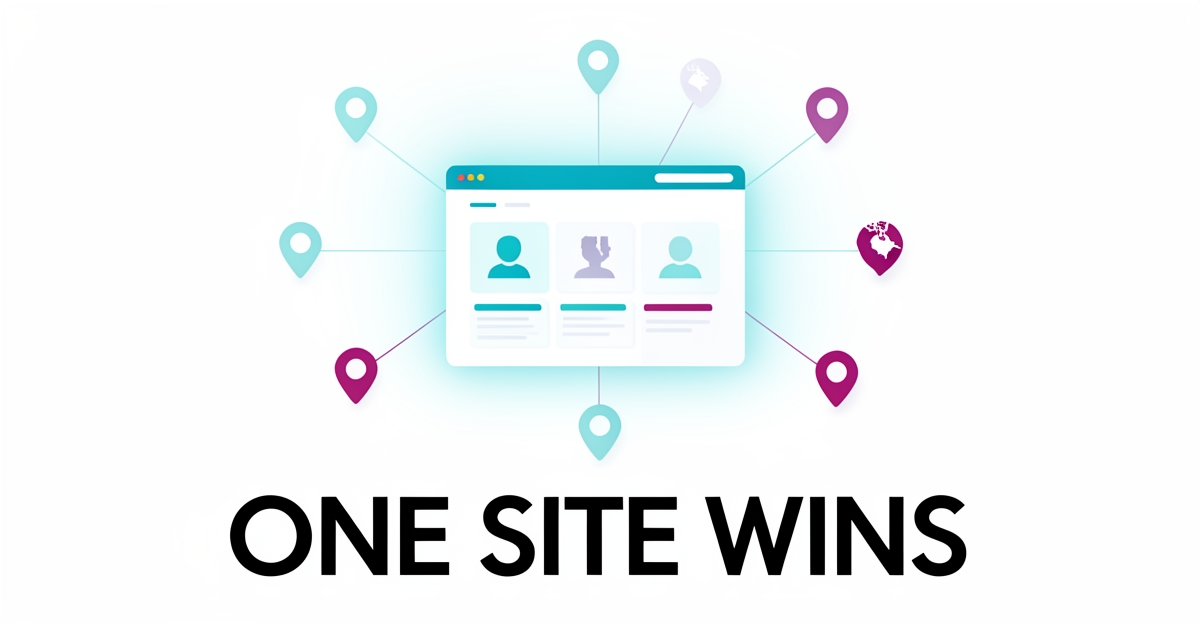 A minimalist flat illustration of a single website with map pins representing Canadian provinces, using brand colors to symbolize unified local SEO strategy for mining services.