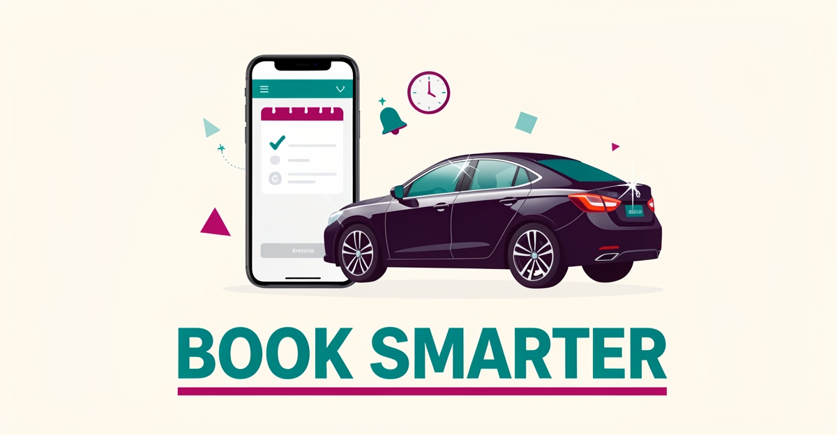 Flat illustration of a smartphone booking calendar beside a polished car, promoting online scheduling for auto detailing businesses.