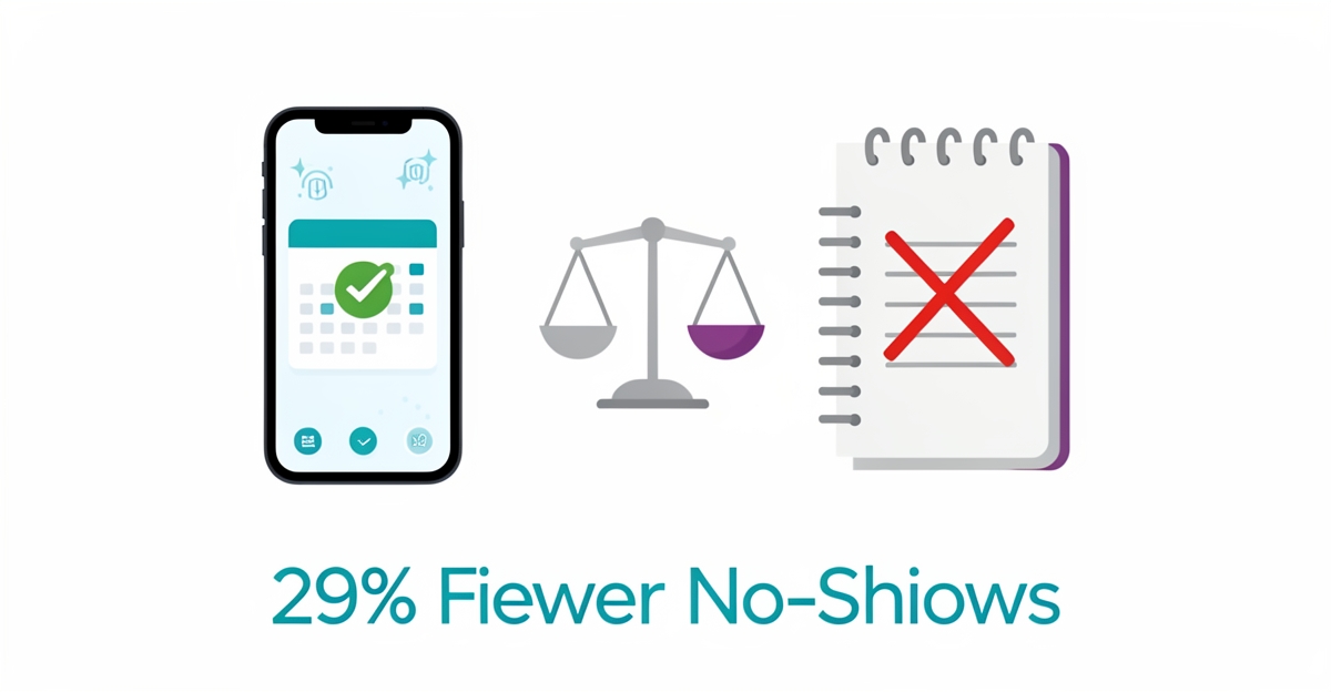 Flat illustration showing digital calendar on smartphone outweighing paper appointment book, highlighting 29% fewer no-shows with AI booking.