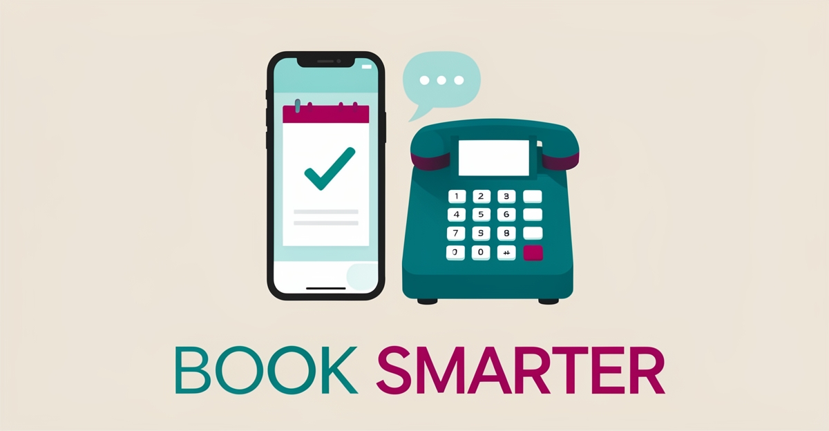 Flat illustration of a smartphone booking app beside a desk phone, comparing online and phone scheduling for clinics.